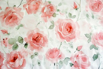 Poster - A beautiful arrangement of soft pink roses and green leaves on a light background captures the essence of romance and elegance in floral design, perfect for decorative purposes