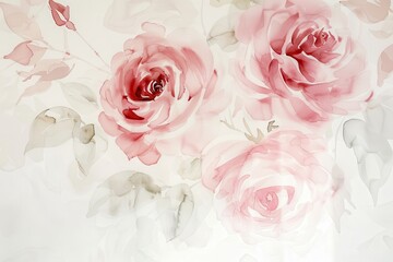 Poster - A beautiful arrangement of soft pink roses and green leaves on a light background captures the essence of romance and elegance in floral design, perfect for decorative purposes