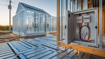 Electrical panel installation at construction site with metal framework