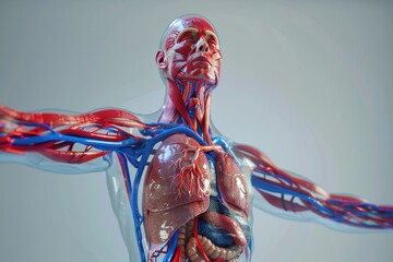 Poster - Detailed anatomical illustration of a human body emphasizing the circulatory and respiratory systems featuring prominently colored blood vessels and organs