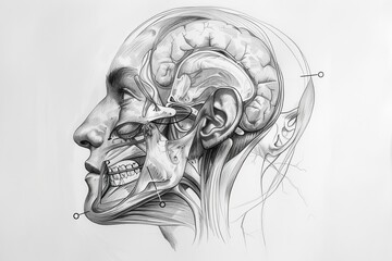 Poster - A detailed anatomical illustration of the human ear featuring cross-sectional views and labeled structures related to hearing and balance in a vintage style
