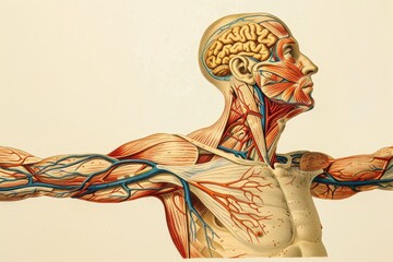 Poster - Detailed anatomical illustration of the human body highlighting the circulatory, muscular, and nervous systems in vibrant colors within a scientific context