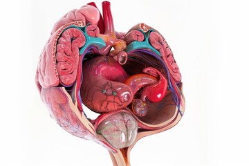 Poster - Anatomical illustration showcasing the human digestive and urinary systems with focus on the brain, kidneys, and intestines, highlighting their connections and functions