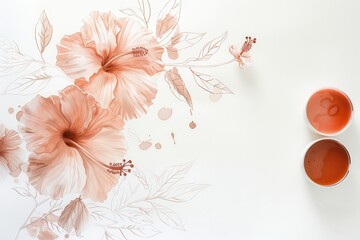 Aufkleber - A beautiful arrangement of beige and peach hibiscus flowers resting on a light surface, showcasing delicate petals and vibrant stamen in natural light