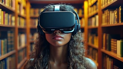 Poster - Woman wearing virtual reality headset in library while exploring digital learning experiences