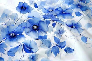 Poster - Elegant blue floral pattern with delicate watercolor flowers on soft white fabric captures a serene aesthetic perfect for home decor and textile design inspiration