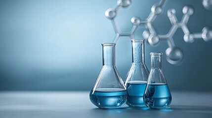 Poster - Three laboratory flasks filled with blue liquid, set against a molecular structure background.