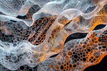 Poster - Colorful abstract depiction of intricate cellular structures resembling organic life forms with layered textures in a dark background