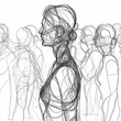 © Login - The black and white drawing depicts a crowd of people and we see many faceless female figures. The concept of public events, gatherings of peaceful people. All people are standing tightly in the space