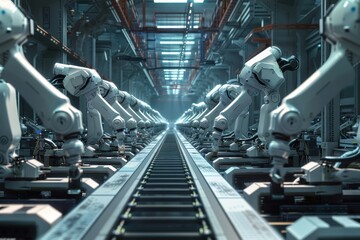 Leinwandbilder - Automated assembly line featuring robotic arms working in a high-tech factory setting during peak production hours