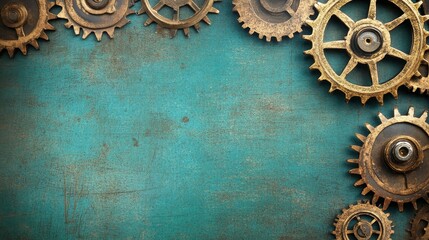 Poster - A collection of vintage gears arranged on a textured teal background, suggesting a steampunk aesthetic.
