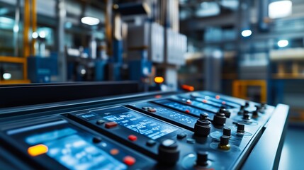 Poster - control panel of industrial machinery with illuminated buttons and detailed displays in a modern man