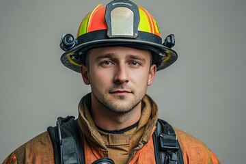 Close-up of young firefighter in helmet and gear.