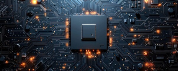 Poster - Dark gray circuit board with glowing orange lights and processor