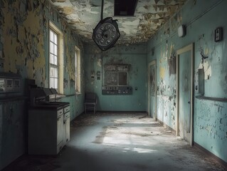 an abandoned hospital interior, shrouded in shadows and decay, with peeling walls and remnants of medical equipment, evoking a haunting atmosphere of neglect