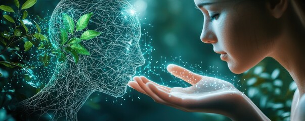 Poster - futuristic human interacting with digital sphere and nature elements