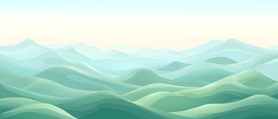 Wall Mural - Misty green hills in the morning with soft clouds.