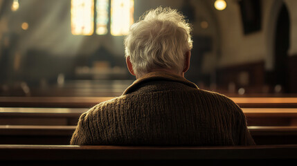 Elderly man sitting in church, reflecting in quiet contemplation