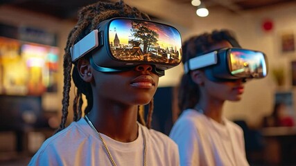 Poster - Two children explore virtual reality in an interactive entertainment center during the afternoon