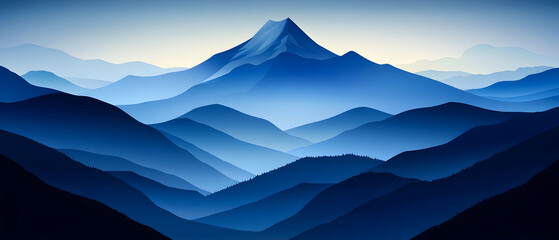 a blue mountain range with a peak rising in the distance.