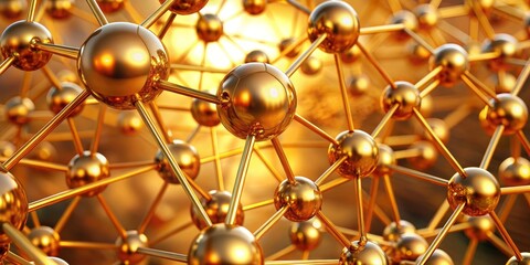 Golden Atomic Structure, 3D rendering, gold spheres, molecular model, chemistry, network, connection