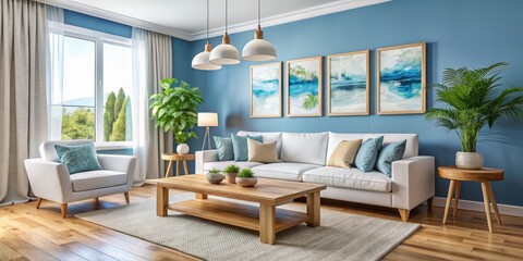 Wall Mural - Modern Living Room with Blue Walls, White Couch, and Wooden Coffee Table, interior design, home decor, living room