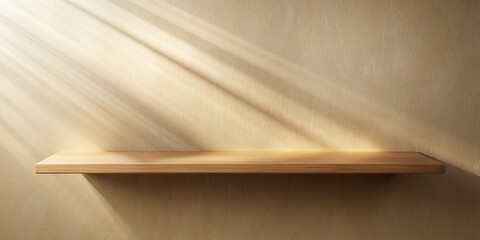 Wall Mural - Single Wooden Shelf Against a Beige Wall with Light Rays, Shelf , product display , mockup