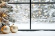 © JP STUDIO LAB - Frost-covered windowpane with a soft view of snowflakes falling outside, glowing from the holiday lights nearby