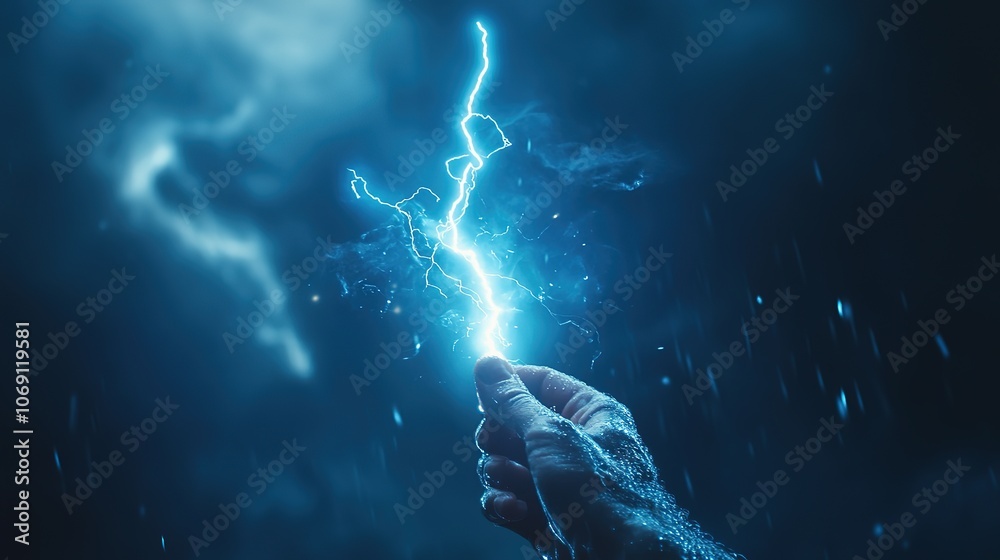 Lightning Bolt In Hand Hand holding up a lightning bolt. Energy and power. Stormy background ...