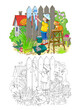 © nataljacernecka - Colorful and black and white page for kids coloring book. Drawing of a little boy working in the garden and painting a fence. Worksheet for children and adults. Hand drawn vector Illustration.