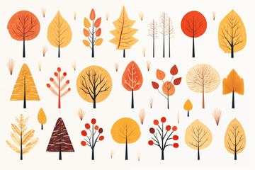 Wall Mural - A charming set of vector illustrations autumn trees and shrubs, including oak, birch, and fir,