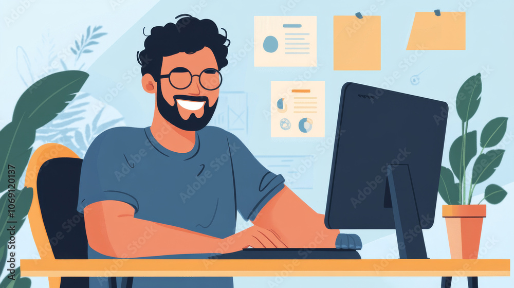 A happy, trendy guy working on his computer suddenly has a great idea ...