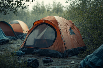 camping tent in the forest with foggy view, camping tent in camping zone recreation concept.