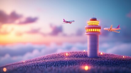 Poster - An air traffic control tower monitoring the movement of airplanes in a busy airspace, highlighting the importance of air traffic control for safe and efficient air travel.
