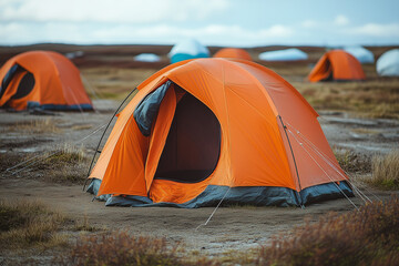 camping tent in the forest with foggy view, camping tent in camping zone recreation concept.