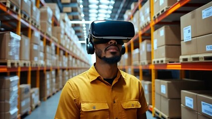 Poster - A person experiences virtual reality technology while exploring a warehouse environment