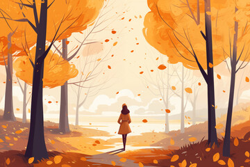 Wall Mural - A vector illustration of a young woman walking through an autumn park