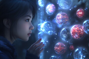 Wall Mural - Young woman examining floating AI cells in dark futuristic setting symbolizing artificial intelligence in biotechnology genetics and scientific exploration