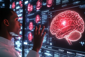 Canvas Print - Scientist analyzing red neural brain interface with AI technology symbolizing cognitive science medical research and artificial intelligence in scientific discovery