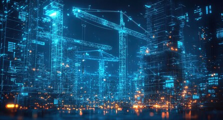 Fototapete - Futuristic digital cityscape with illuminated scaffolding and cranes