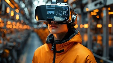 Poster - A woman in an orange jacket uses VR gear in a futuristic factory