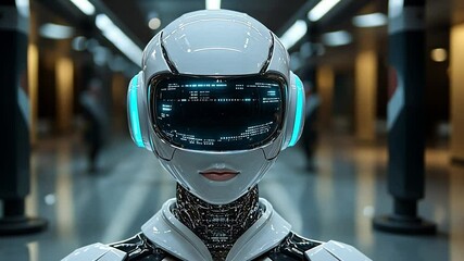 Poster - a futuristic humanoid robot stands in a sleek, modern facility with glowing accents in dim lighting