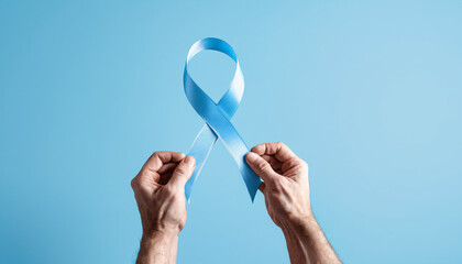 Aufkleber - oncept. Man hands holding light blue ribbon awareness w long tail on sky blue background. Symbol for support men who living w cancer. Copy space._00001_