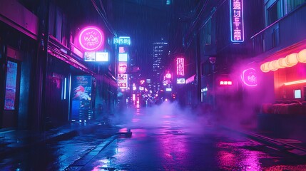 Enigmatic cyberpunk night scene with vivid neon city lights image