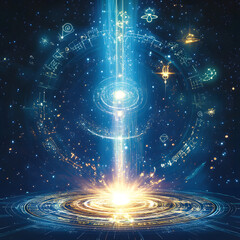 cosmic energy portal with mystical symbols, glowing universe concept, space magic, stardust, celesti
