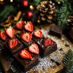 Homemade dark chocolate brownies with strawberries. Christmas holiday