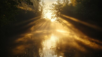 Wall Mural - golden sunlight streams through trees over a serene river at dawn, creating a tranquil and magical m