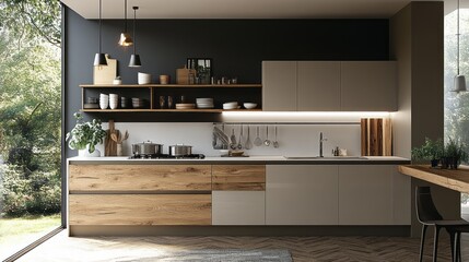 Modern Kitchen with Wooden Accents and a Window View of Greenery