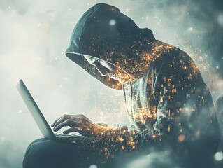 Aufkleber - Mysterious Figure Working on Laptop in Digital Space