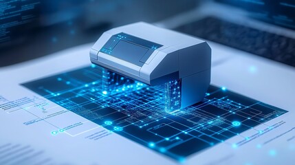 Aufkleber - High-Tech Printer with Holographic Display, Representing Advanced Printing Technology and Precision in a Digital Blueprint Environment Gemerative AI